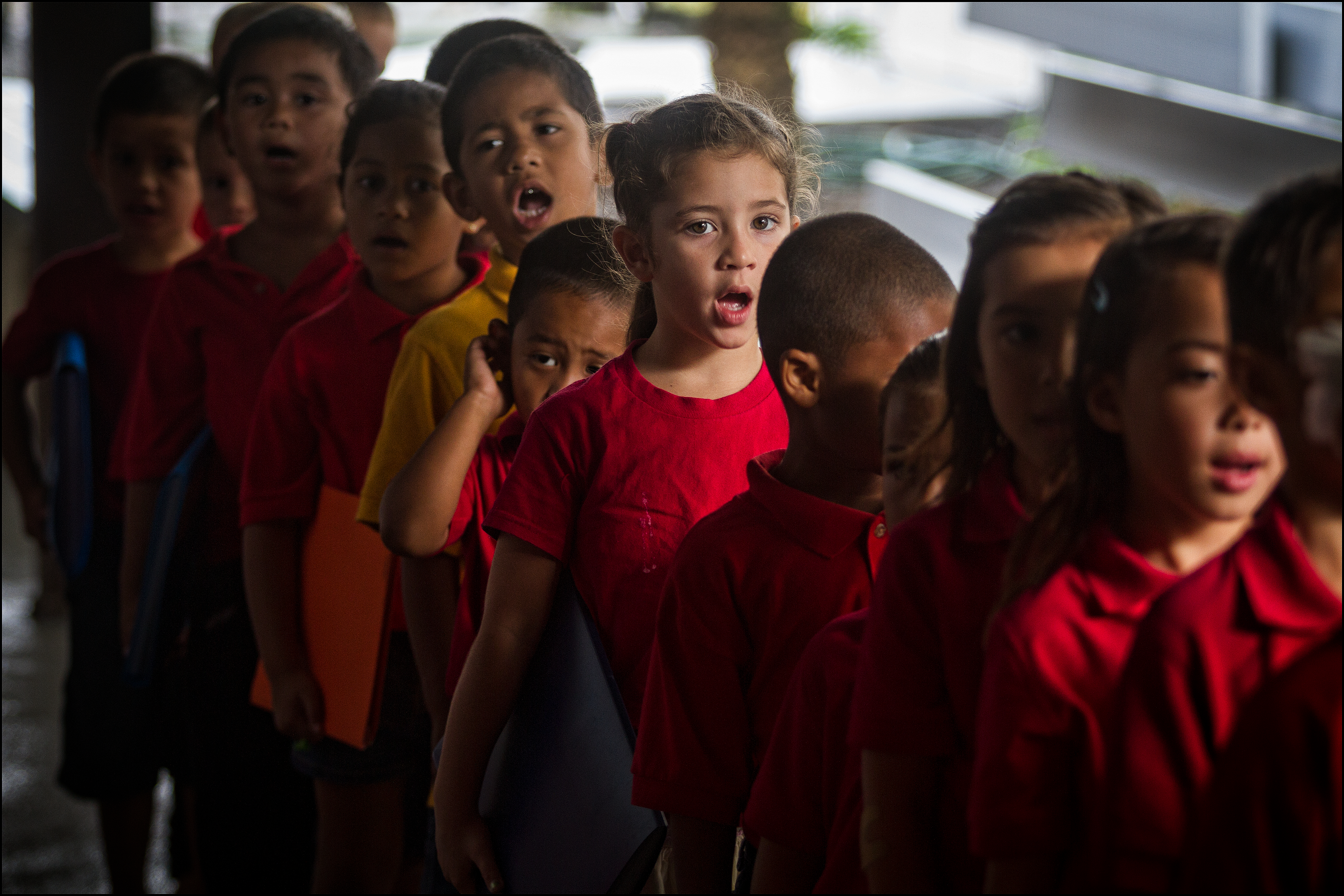 Students sing during start of day protocol at the  Nawahiokalani'opu'u Hawaiian Immersion School in Keaau, Hawaii. 10.28.13 ©PF Bentley/Civil Beat