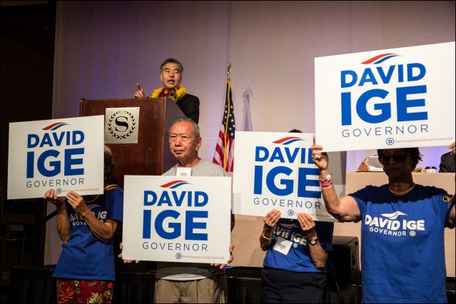 Gubernatorial candidate Sen. David Ige got the right to speak during the second day of the Democratic Party of Hawaii State Convention. 5.25.14 ©PF Bentley/Civil Beat