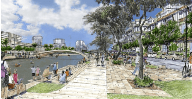 Rendering from the Kalihi transit-oriented development plan showing a revitalized Kapalama Canal.
