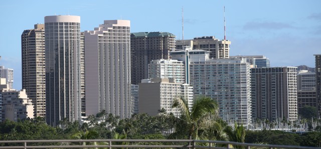 Waikiki skyline featuring Hawaii Prince Hotel at left and new and older buildings dotting the Waikiki skyline. 16 dec 2014. photograph cory Lum