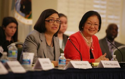 Senator Mazie Hirono and Assistant Secretary for Insular Affairs Esther Kia’aina moderates during 2015 Senior Plenary Session of the Interagency Group on Insular Areas, South Interior Auditorium. Washington DC. 24 feb 2015. photograph Cory Lum/Civil Beat