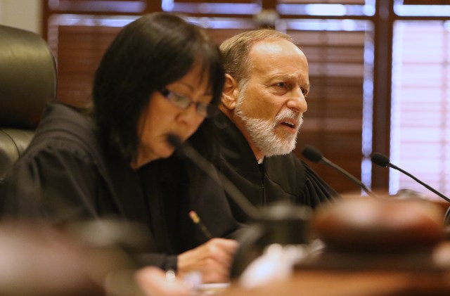 Hawaii Supreme Court Associate justice Richard Pollack during Hawaii State Supreme Court oral arguments from The Sierra Club vs. DR Horton-Schuler Homes, The Land Use commission, Office of Planning and Dept of Planning and Permitting . 25 june 2015. photograph Cory Lum/Civil Beat