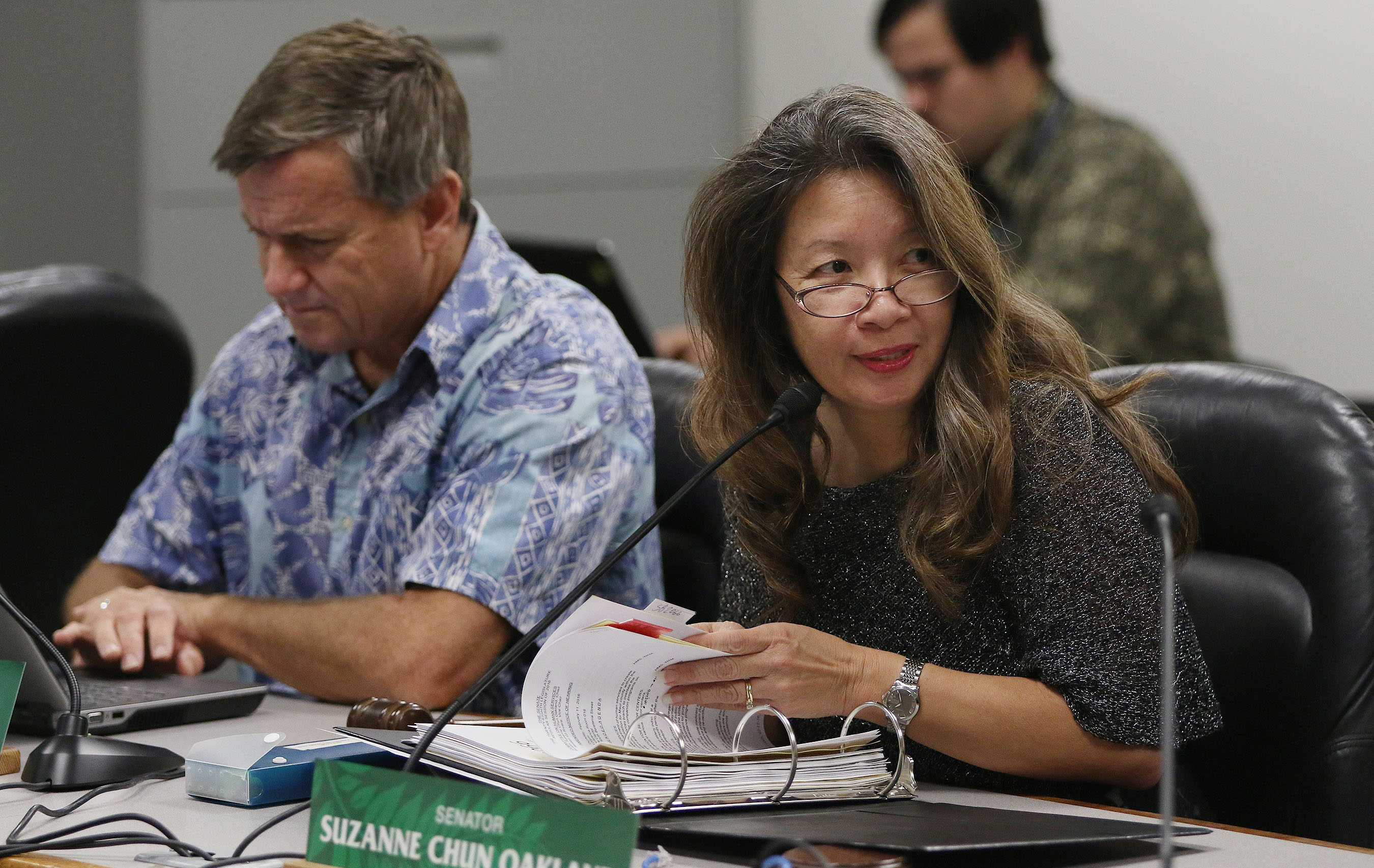Chair Human Services Suzanne Chun Oakland with Vice Chair Gil Riviere questions during carehome bill discussions room 16, Capitol.