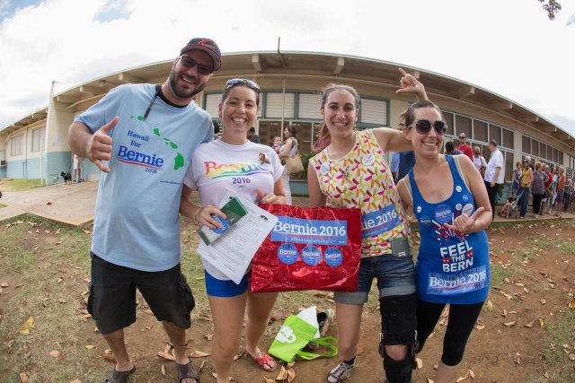 Young Bernie Sanders supporters outside Stevenson Middle School during Saturday's Democratic Caucus in Hawaii.
