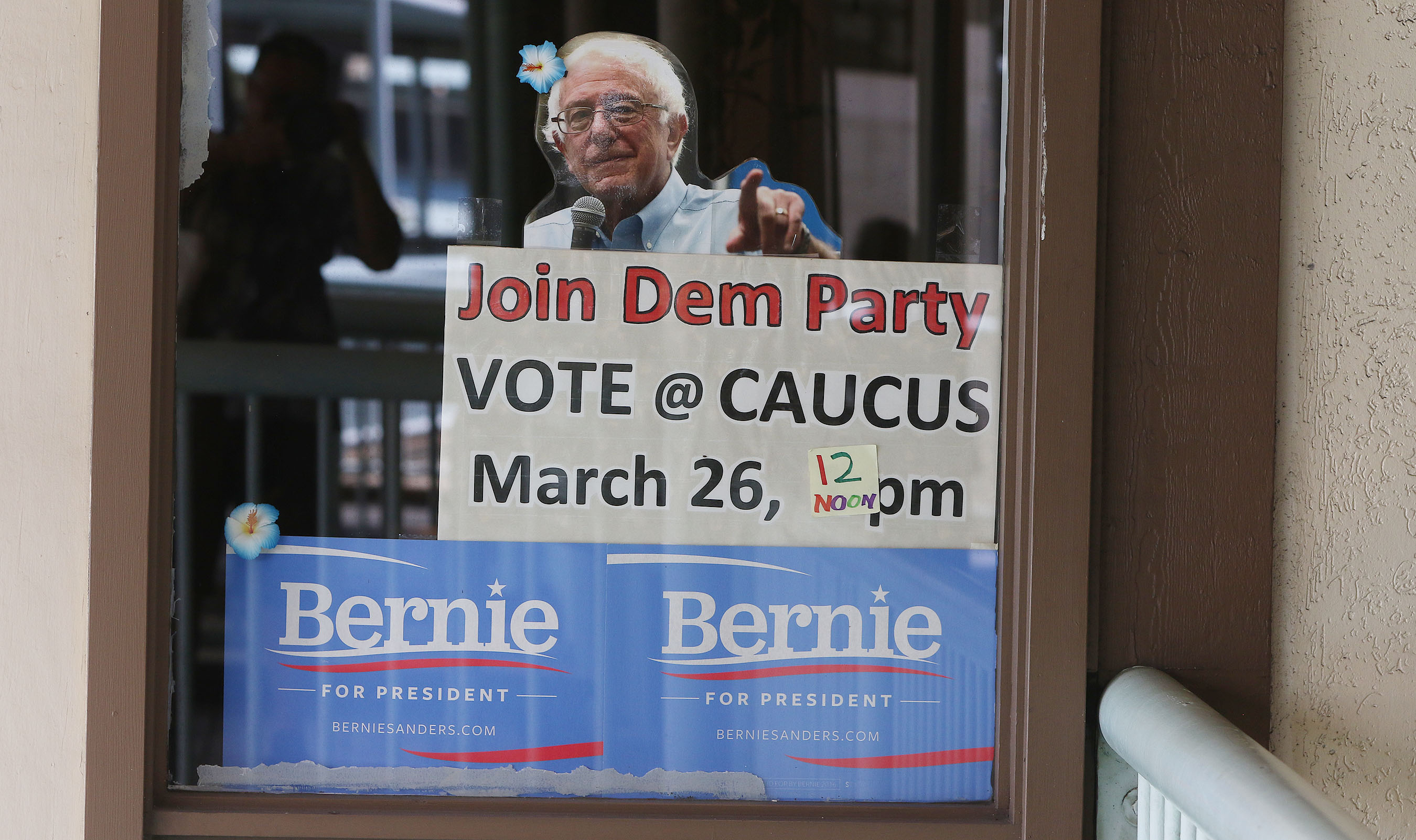 'Join Dem Party' sign with photograph of Bernie Sanders at the Ward Warehouse campaign headquarters. 26 march 2016.