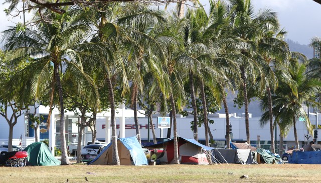 Kakaako Gateway Park with tents and bicycles. 15 april 2016.