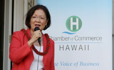 Senator Mazie Hirono greets guests to the Woodrow Wilson House, Hawaii on the Hill kickoff in Washington DC. 7 june 2016.