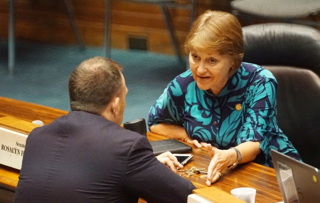Before session convenes, Senator Rosalyn Baker speaks to Sen Josh Green. 12 july 2016