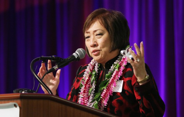 Colleen Hanabusa speaks during the Hawaii Democratic Party Unity Breakfast held at Dole Cannery ballroom. 14 aug 2016