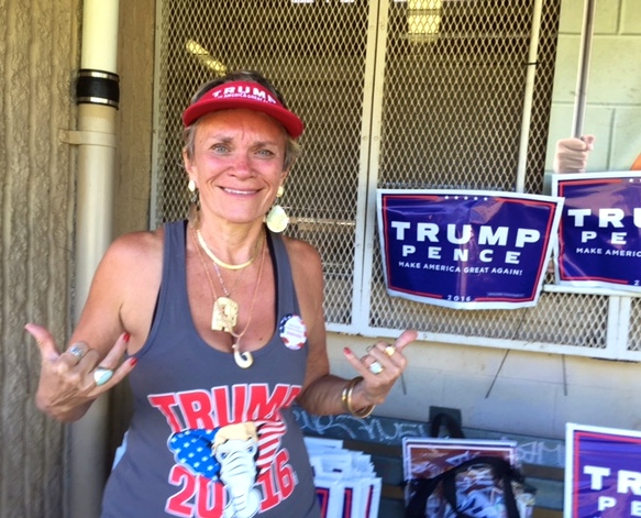 Adrienne King, Donald Trump supporter, at the “Great American Rally” sponsored by the Honolulu County GOP at Kailua District Park on Saturday.