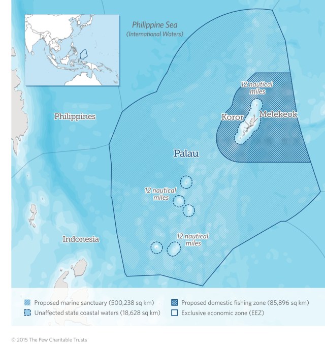 The creation of the national marine sanctuary makes Palau the first country to declare the waters of its entire exclusive economic zone (EEZ) a marine protected area, with an integral part of the sanctuary a fully protected "no take" zone of 500,000 square kilometers (193,000 square miles). (PRNewsFoto/The Pew Charitable Trusts)