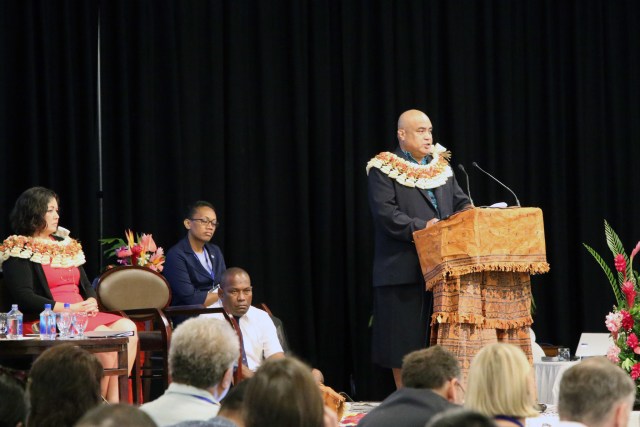 Western and Central Pacific Fisheries Commission Executive Director Feleti Teo addresses hundreds of scientists, government officials, nonprofit leaders and others Dec. 5, 2016, at the Sheraton Fiji Resort. 