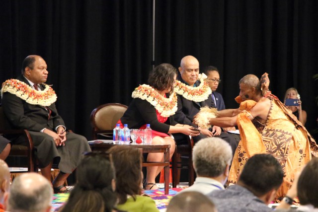 Western and Central Pacific Fisheries Commission Chair Rhea Moss-Christian receives kava during the opening of the commission's annual meeting Monday at the Sheraton Fiji Resort. 