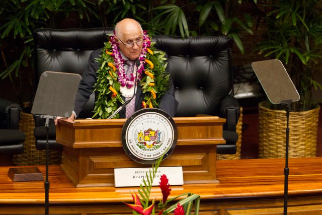 House of Representative Speaker Joseph M. Souki addresses the House to open the 2017 Legislation session at the Hawaii State Capitol, Wednesday, Jan. 18, 2017, in Honolulu. Photo by Eugene Tanner/Civil Beat