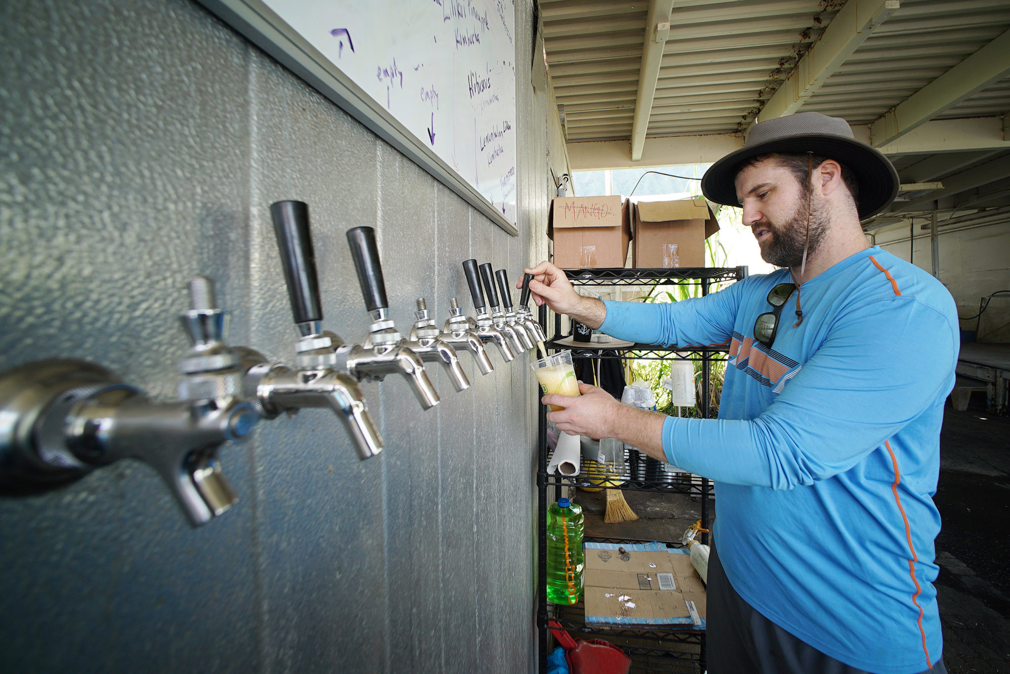 SKY Kombucha Co Owner Dave Yarber pours tumeric on tap at their Waimanalo location. 25 april 2017