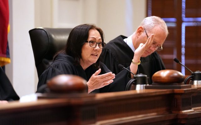 Hawaii State Supreme Court Associate Justice Sabrina McKenna questions attorney’s during oral arguments Civil Beat vs city. 1 june 2017. photograph by Cory Lum/Civil Beat