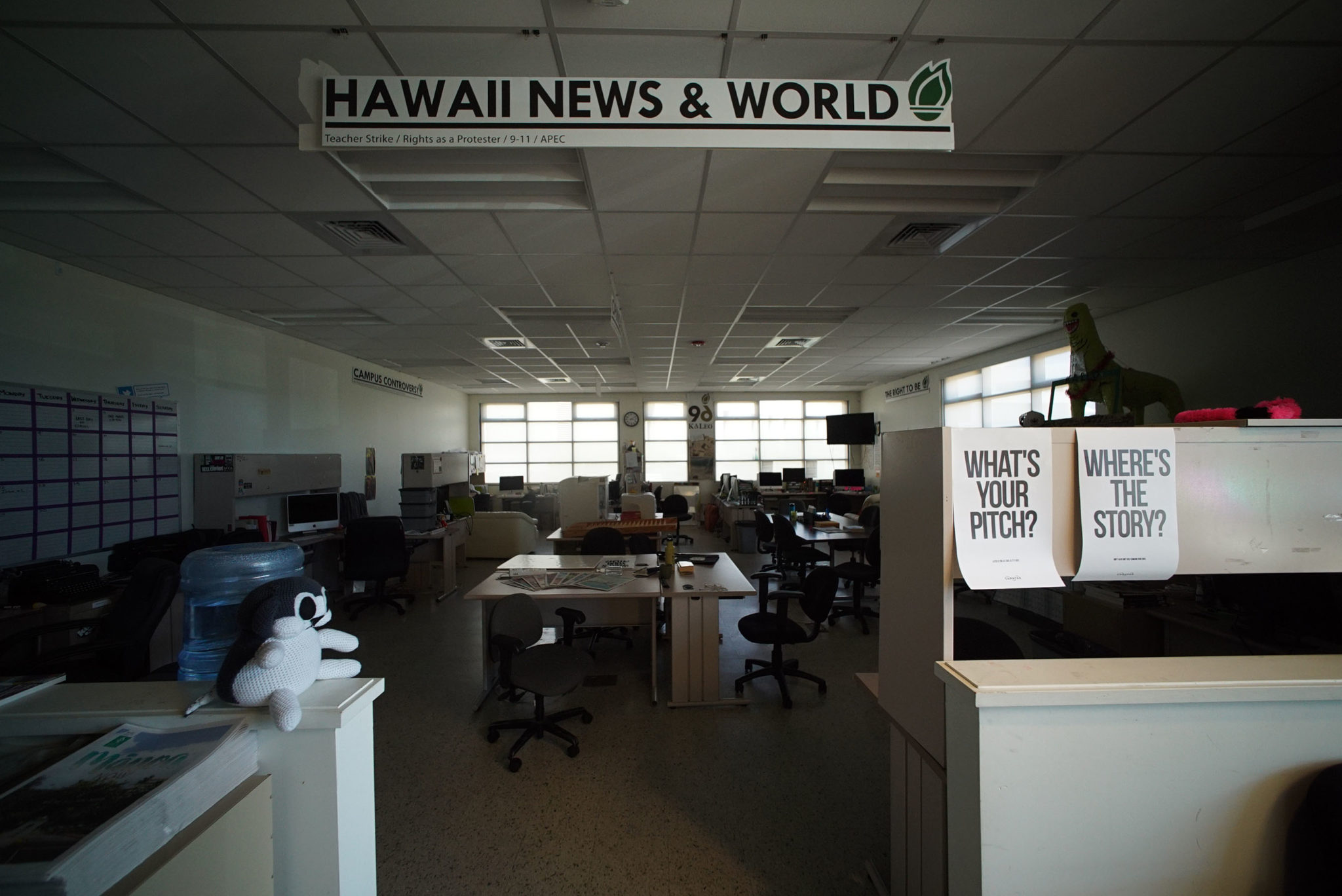 Inside the UH Manoa campus newspaper Ka Leo O Hawaii newsroom in the dark. Most students are out until the Aug 21 start of the fall semester.