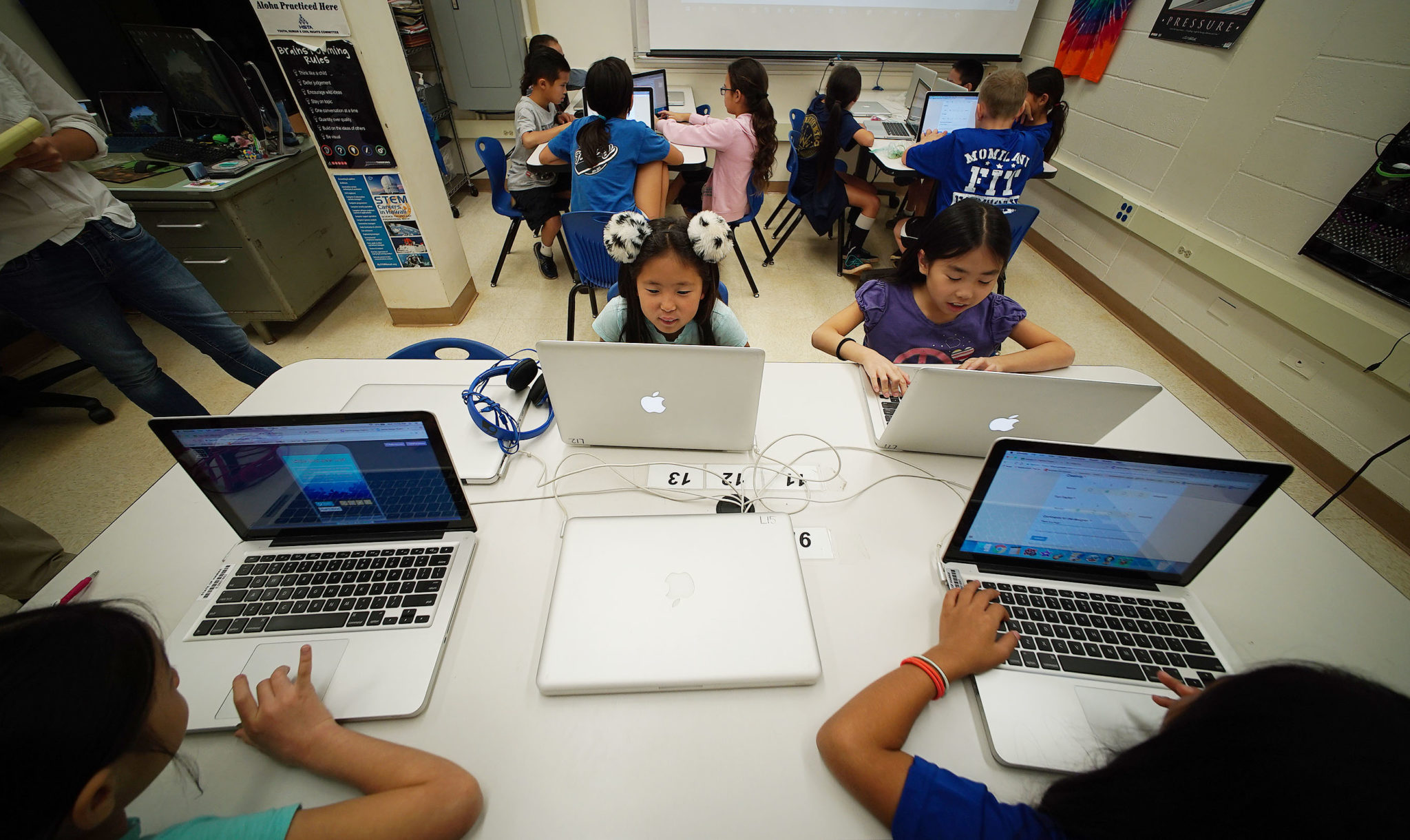 Momilani Elementary Tech Lab class instructor/teacher Shane Asselstine class in full swing working thru their assignments in class.