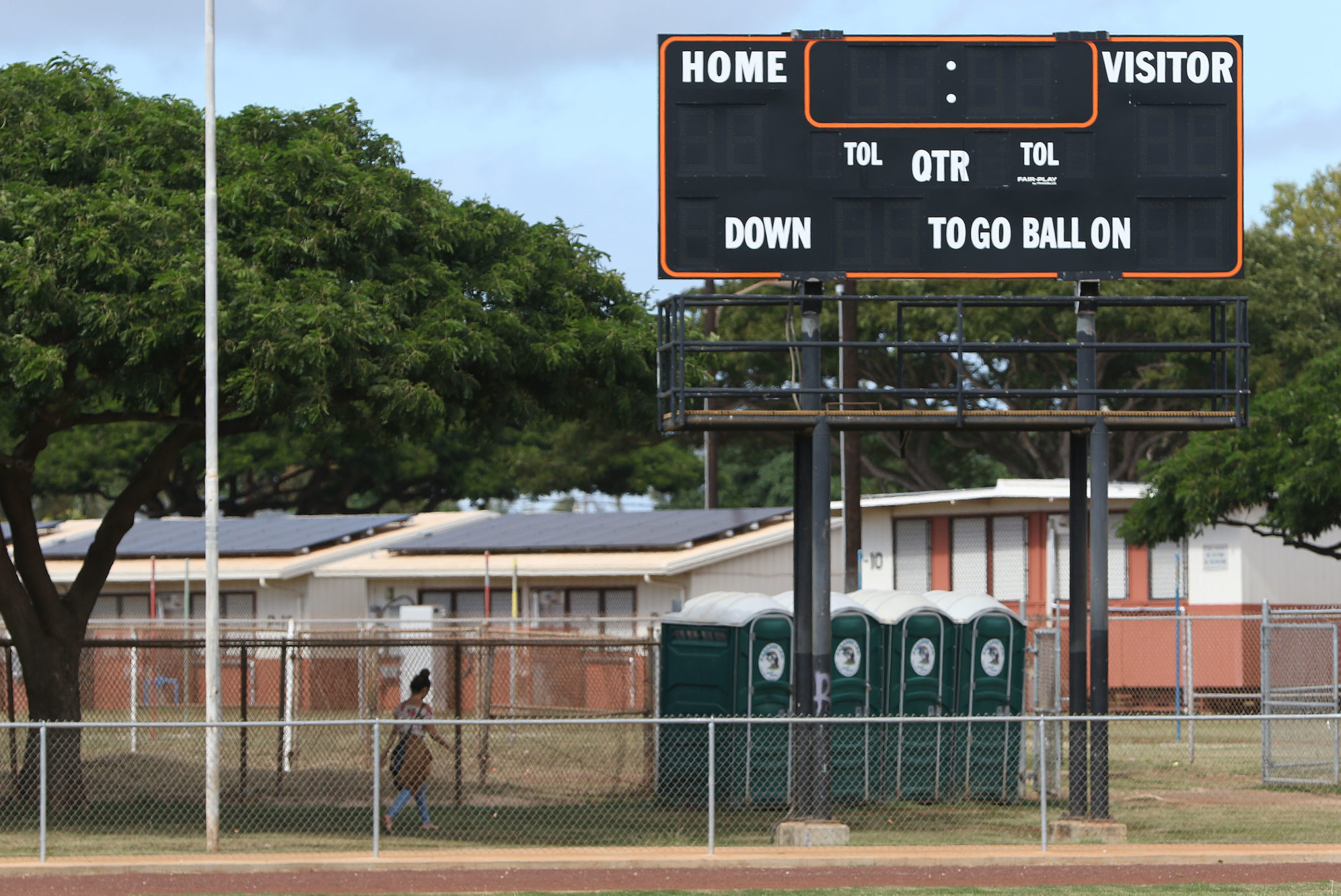 Campbell High School baseball field, softball field and football fields lack restrooms, here are the 4 portable toilets that are paid for by the school and are the only toilets nearby the large sports field.