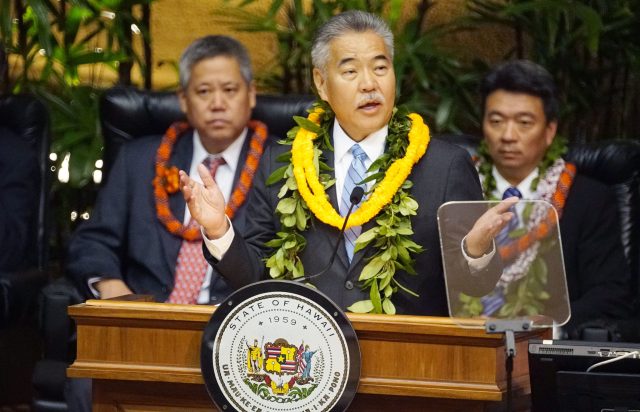 Governor Ige State of State gestures with left, Speaker Saiki and right, Lt Gov Shan Tsutsui.