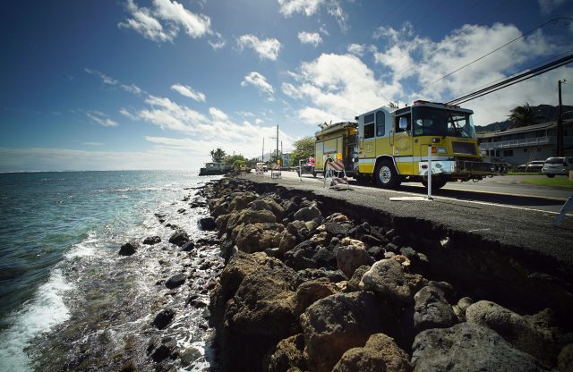 Hauula Kam Hwy road damage as the ocean / sea level rise.