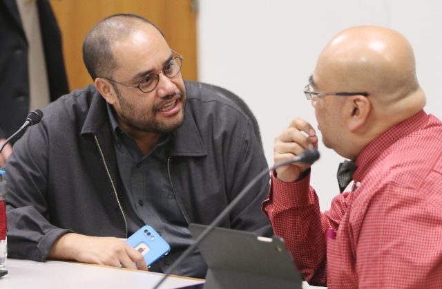 Chair Donovan Delacruz Chair Ways and Means committee chats with Vice Chair Sen Gilbert Keith Agaran in room 211 today.