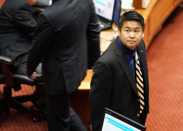 Rep Troy Hashimoto on house floor during recess.