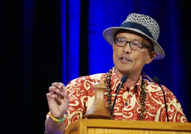 Lieutenant Governor Candidate Will Espero speaks at the 2018 Democratic Party Convention held at the Hilton Waikaloa Resort in Kona, Hawaii.
