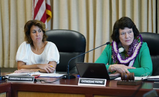 Education Superintendent Christina Kishimoto and right, Catherine Payne during Board of Education meeting.