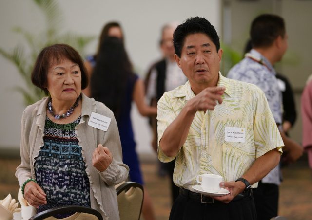 Dale Kobayashi and left mom Honolulu City Council member Ann Kobayashi at the Democrats Unity Breakfast held at the Dole Cannery Ballroom.