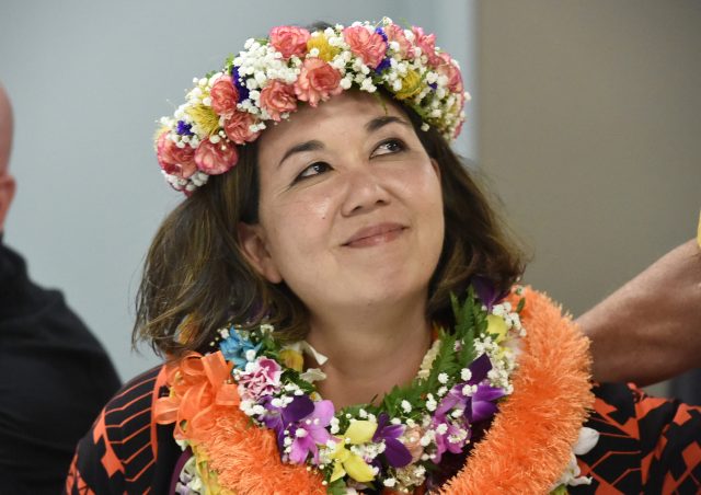 Jill Tokuda at the party headquarters Saturday night August 11, 2018. (Civilbeat photo by Ronen Zilberman)