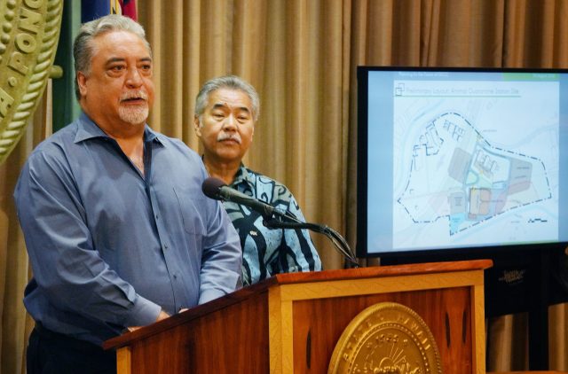 new OCCC Replacement Director Public Safety Nolan Espinda speaks with Gov David Ige announcing a new $525 million OCCC replacement in Halawa on the site of the animal quarantine area.