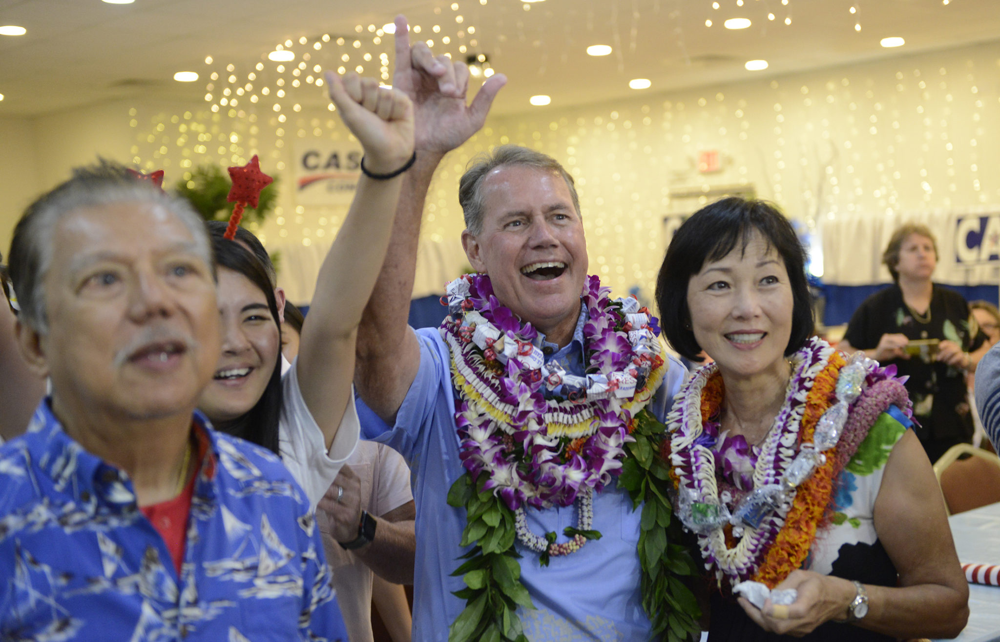 Ed Case and wife Audrey Nakamura smils at headquarters Saturday night, August 11, 2018. (Civilbeat photo by Ronen Zilberman)