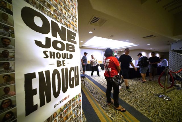 Unite 5 and Local 5 members and supporters cast their vote at Ala Moana Hotel.