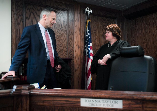 Judge Doug Martin and Judge Joanna Taylor (from left) converse in Judge Taylor's court room at the Washington County Courthouse in Fayetteville, Friday, October 5, 2018.