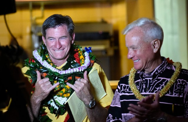 City Council District IV seat. Tommy Waters (left) and Honolulu Mayor Kirk Caldwell in Honolulu, Hawaii. on Tuesday, Nov. 6, 2018. (Photo by Ronen Zilberman