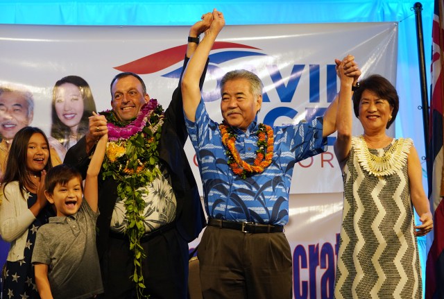 Governor David Ige and LG elect Josh Green with First Lady Dawn Amano Ige at Dole Cannery ballroom.