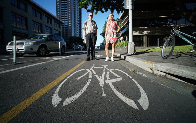Left, Harrison Rue Community Building and TOD Admin at the City and County of Honolulu with Nicola Szibbo, Regional Planning stands along the South Street bike path.