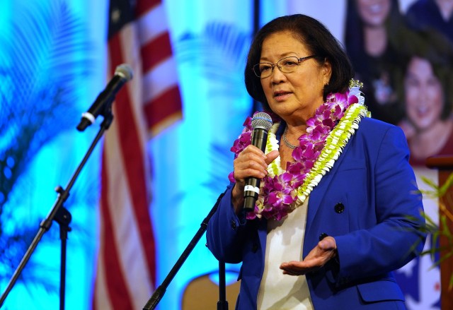 Senator Mazie Hirono speaks on election night at the Dole Cannery Ballroom.