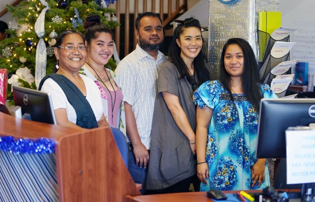 Left to Right. Innocenta Sound-Kikku, Wehana Angan, Anthony Kolios, Megan Inada and right, Rosadelima Kaminanga at Kokua Kalihi Valley.