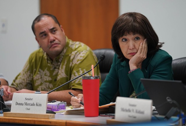 WAM Chair Sen Donna Mercado Kim as she listens to UH VP of Budget and Finance Kalbert Young during presentation to the WAM committee.