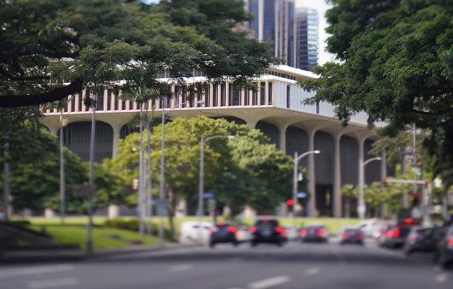 View of the Capitol looking down South Beretania Street. Capitol Tilt Shift lens.