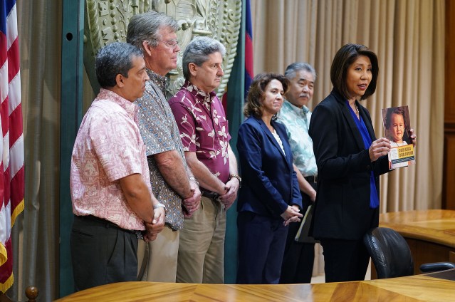 Laurent Moriguchi Director Executive Office on Early Learning with Governor David Ige, DOH Director Bruce Anderson, Dept of Human Services Pankaj Bhanot and UH president David Lassner.