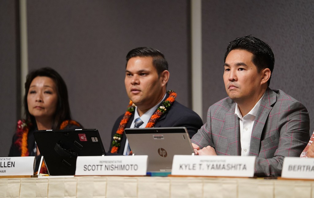 Rep Sylvia Luke, Rep Ty Cullen  and Rep Scott Nishimoto listen during joint WAM/Finance meeting with Hawaii Mayors.