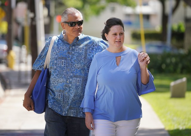 Former deputy city prosecutor Katherine Kealoha with Louis Kealoha arrives at the Federal Court house.