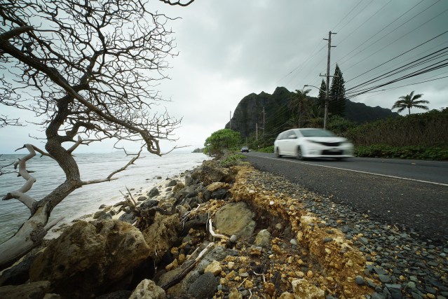 Kaawa Punaluu Kamehameha Hwy boulders and damaged road. Climate Change