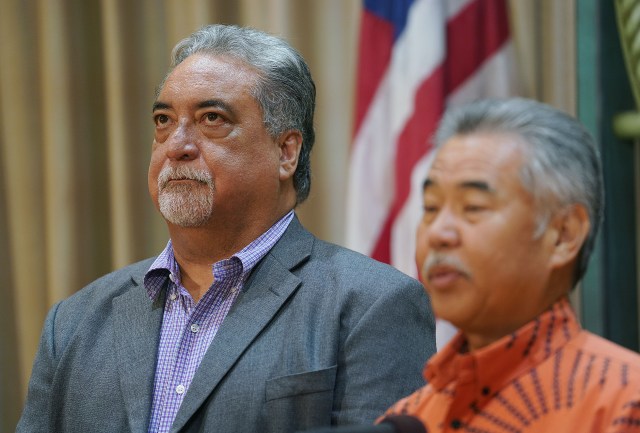 Director Public Safety Nolan Espinda in presser with Governor Ige.