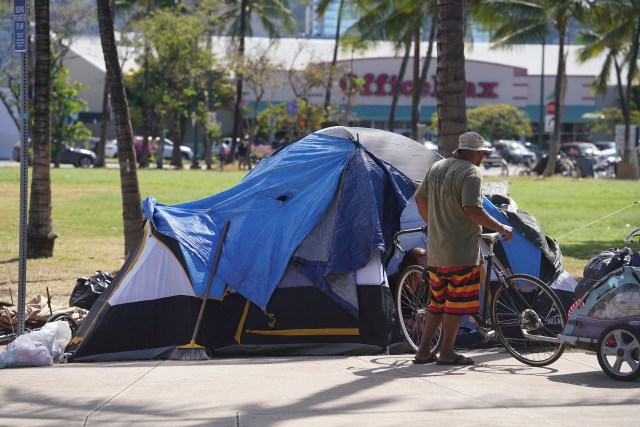 Homeless Encampment at Kakaako Gateway Park with tents.