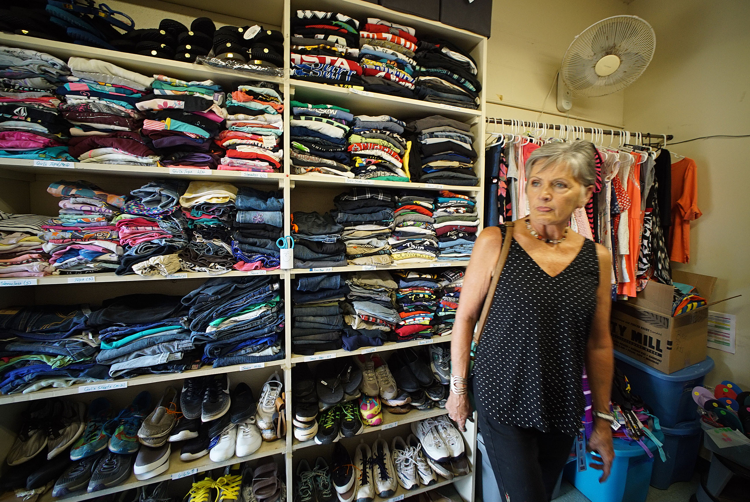 Waipahu Elementary Schools Auntie Carolyn’ closet. Volunteer Carolyn Denny set up this to help with students who need clothes.