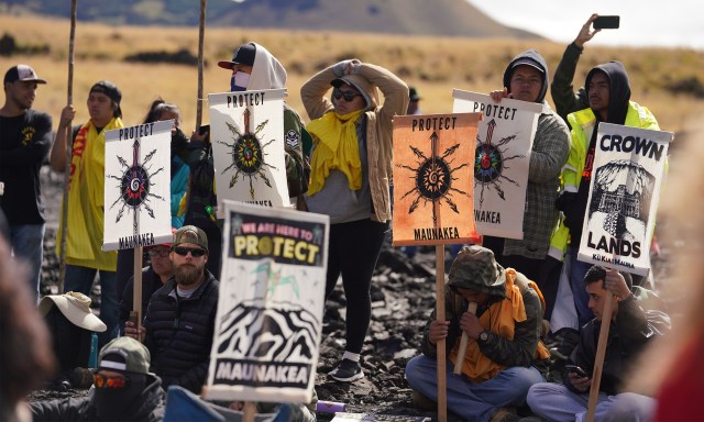 TMT Demonstrators watch as Kupuna are arrested on Mauna Kea Access Road for obstructon of government operation.